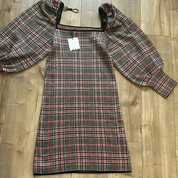 NWT Zara Bodycon Houndstooth Plaid Knit Dress Boat Halter Neck Black/Orange Sz L - Picture 16 of 16